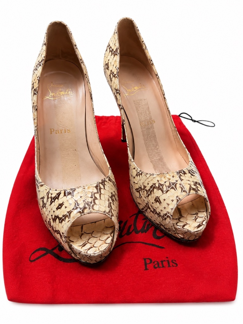 Christian Louboutin Beige Brown Python Peep Toe Platform Pumps 36.5 US 6.5
